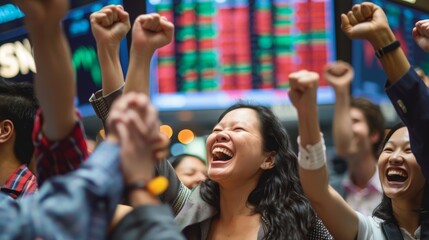 Diverse investors celebrating a successful stock market day, victory