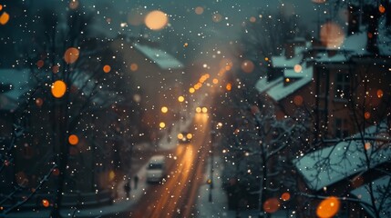 Winter night city in festive Christmas and New Year lights bokeh