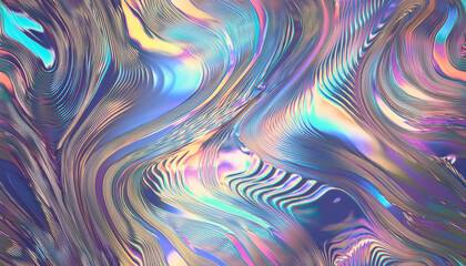Fototapeta premium Abstract Iridescent Waves. Fluid Harmony of Pastel Blues, Pinks, and Purples. Dynamic and Organic Flow with Fine, Undulating Lines Reflecting Light. Futuristic Pattern