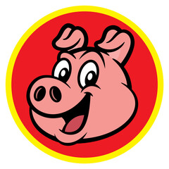 Pig Head cartoon characters smiling with red circle behind. Best for sticker, logo, and mascot with food and restaurant business themes