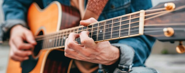 Obraz premium A street musician playing guitar, with people around him watching and enjoying, spontaneous and heartfelt, Candid Moments, editorial photography, empty space for text on side