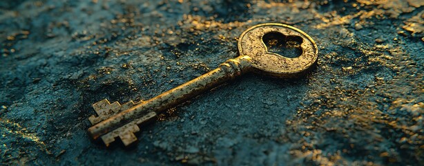 A golden key lying on the ground next to a small, rusted padlock.