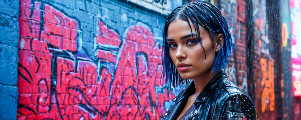 A young woman stands confidently in a neon-lit alley, wearing a shiny leather jacket and showcasing her blue hair against a colorful backdrop.