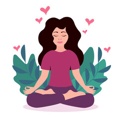 Beautiful girl doing yoga with leaves and hearts. Vector Flat Illustration.