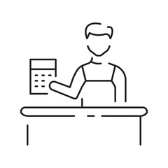 The grocery store cashier stands at the checkout with a linear icon