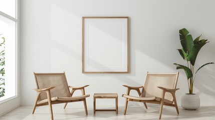 Living room design with empty frame mockup, two wooden chairs on white wall