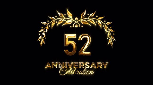 52nd Anniversary Celebration. Happy 52 Years Anniversary Animation in Gold Color on the Transparent Background, Alpha Channel. Great for greetings, celebrations, events, and gifts.