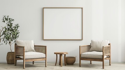 Living room design with empty frame mockup, two wooden chairs on white wall