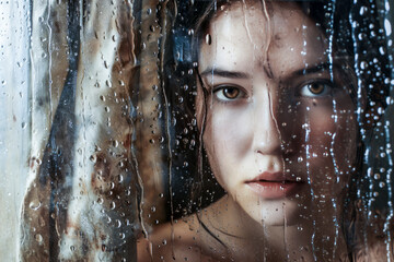 Obraz premium Woman looking through wet glass with raindrops. Close-up face portrait. Contemplative and moody concept