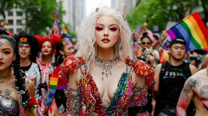 Obraz premium Vibrant Celebration at LGBTQ+ Pride Parade A Joyful Transgender and Drag Queen Individual Embracing Diversity and Inclusion at CSD
