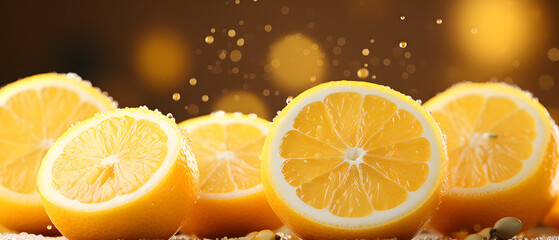 immersive vibrant lemon background with bubbles, glittered, particles elements, with copy space, minimalist clean composition concept, 3d illustration