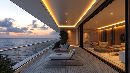 Balcony design, narrow space, original wood floor, white aluminum plate ceiling, linear lights, light color, luxury, modern style