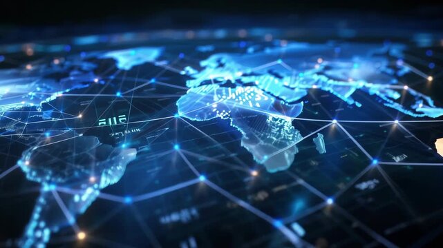 A futuristic digital map showcasing global connectivity and technology advancements, symbolizing innovation and progress.