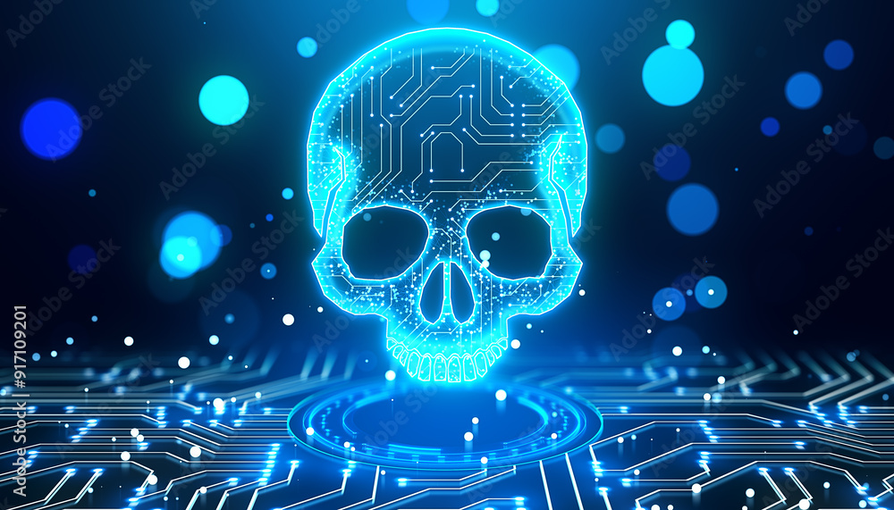 Poster Neon Skull with Digital Circuitry Displayed on Futuristic Background. 3D Rendering