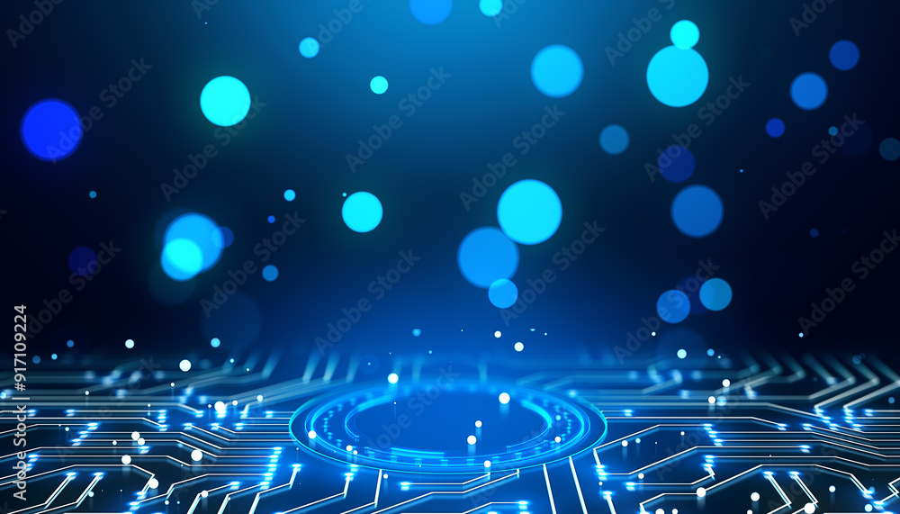 Poster Futuristic digital circuit board with neon blue lights and bokeh effect. 3D Rendering