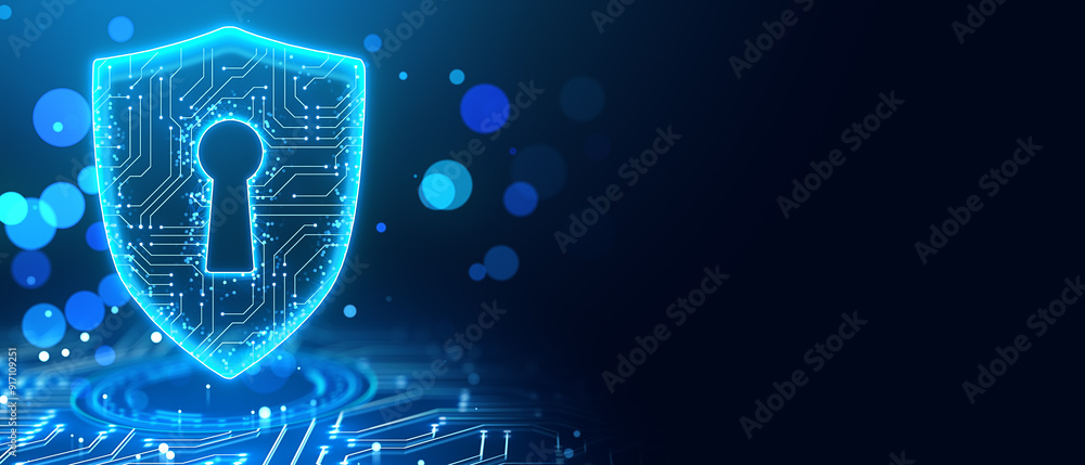 Poster Digital Shield with Circuit Lines and Keyhole on Neon Background. 3D Rendering