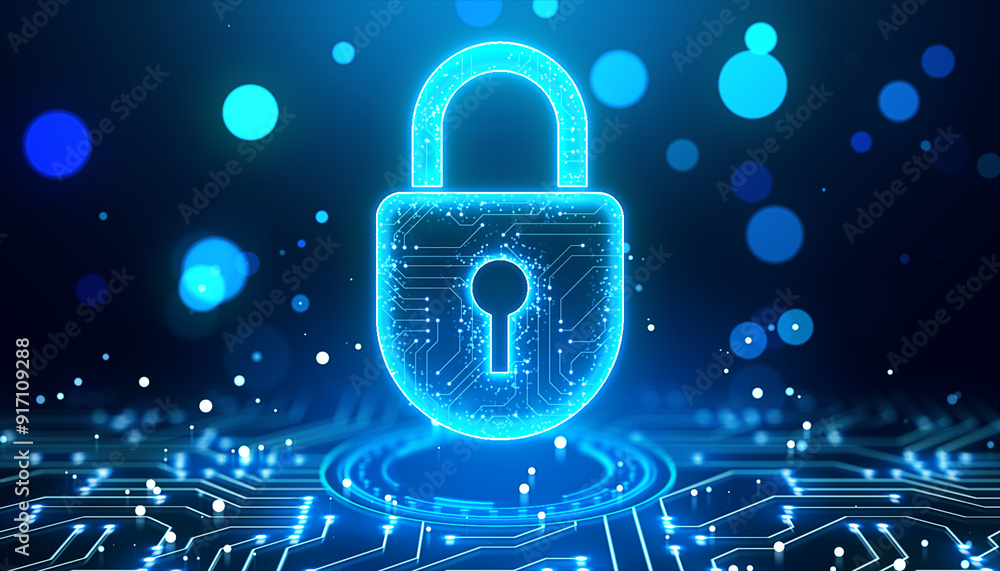 Fototapete Neon lock symbol representing cybersecurity on a digital circuit backdrop. 3D Rendering