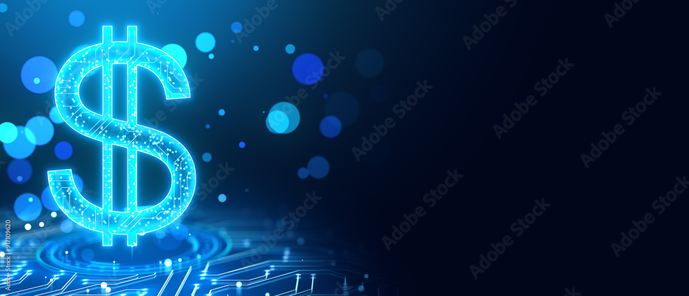 Poster Futuristic dollar sign with circuit patterns on a dark blue background. 3D Rendering