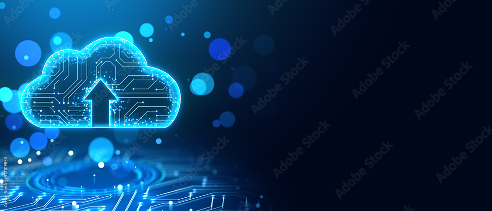 Aufkleber Neon cloud icon with circuit patterns and upload arrow on dark blue background. 3D Rendering