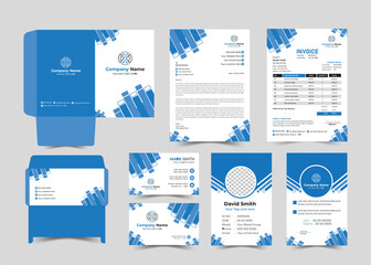 Office Stationery Template Set of Business Card, Id Card, Letterhead, Invoice, Envelope, File Folder. Corporate Identity Print Template Set.