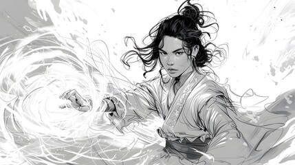 Fototapeta premium Woman with long black hair, in a white robe, concentrating on a swirl of energy.