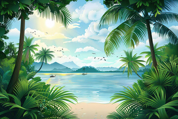 Fototapeta premium Tropical Beach Scene With Palm Trees And Blue Water