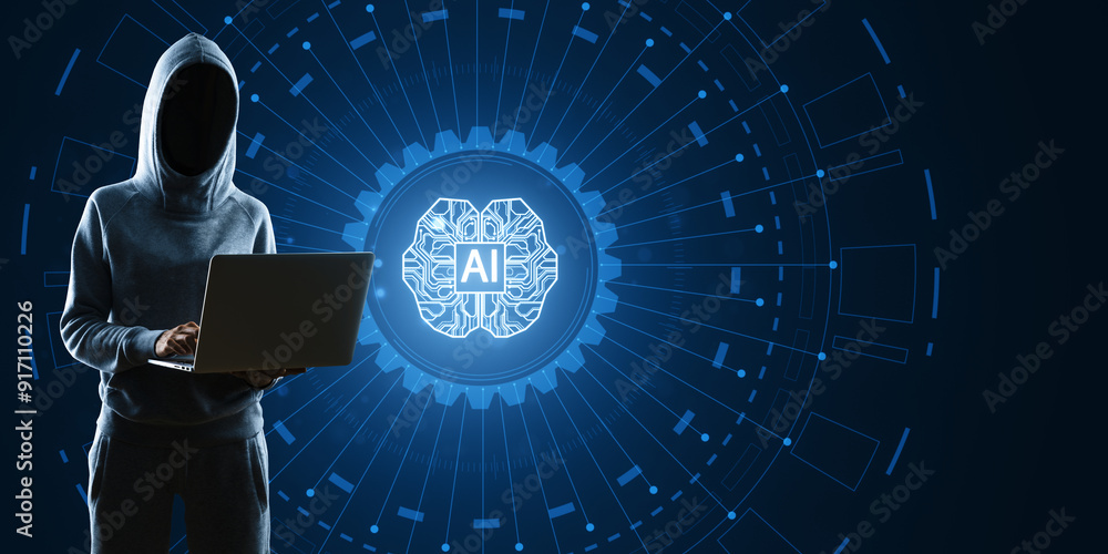 Poster hooded figure using laptop with ai brain graphic.