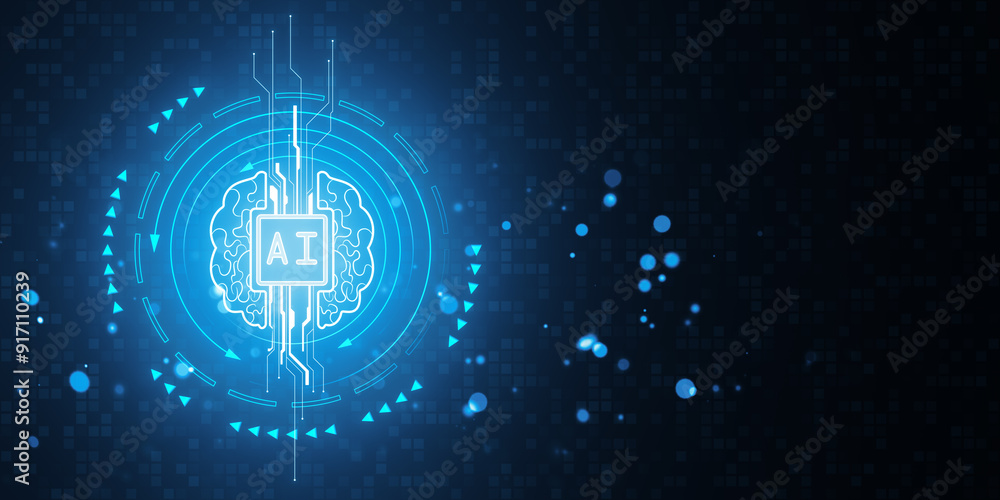 Poster Futuristic AI technology concept with neural network and circuit graphics. 3D Rendering