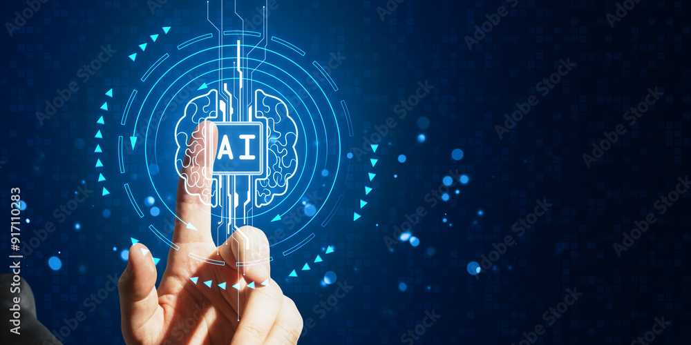 Poster hand pointing at ai brain icon on a digital futuristic interface background.