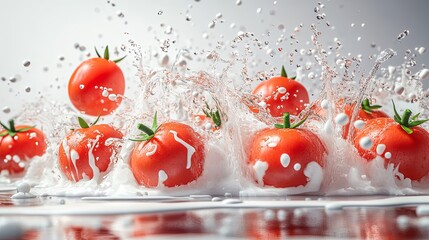 A Surreal Burst of Fresh Tomatoes Exploding into a Splash of Water Against a Bright Background, Capturing the Dynamic Energy of Liquid Dispersing with High Photorealistic Detail. 