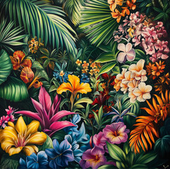 jungle scene with flowers, tropical, vibrant colors