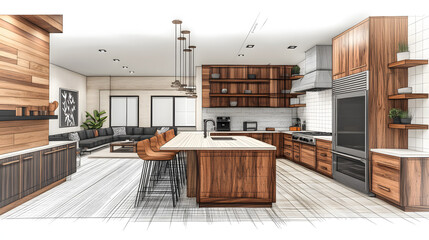 Home house apartment design sketch contemporary luxurious cozy modern wooden kitchen living room area construction interior architect drawing furniture