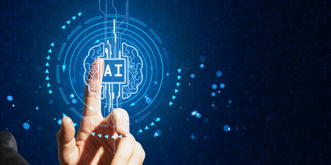 Hand pointing at AI brain icon on a digital futuristic interface background.