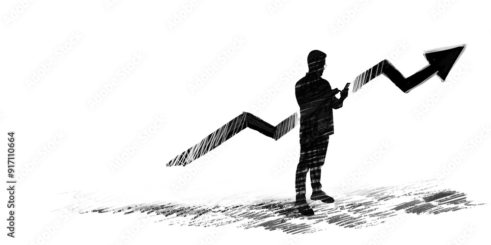 Aufkleber silhouette of a person checking phone with upward arrow graph.