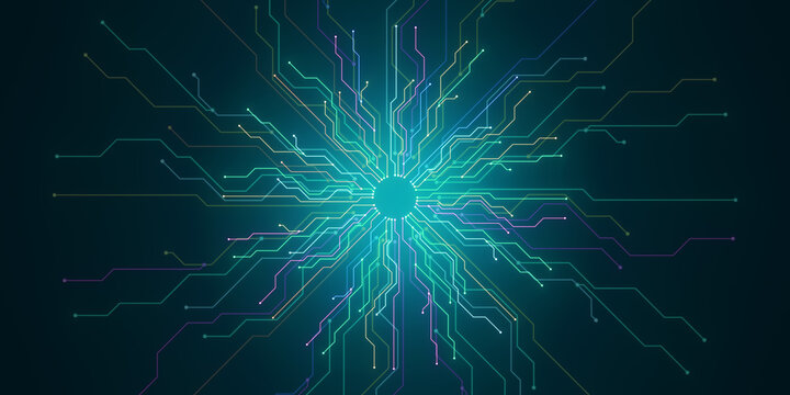 Futuristic Circuit Board Illustration on Dark Background. 3D Rendering