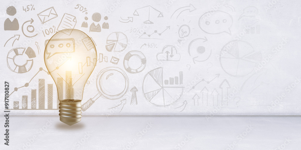 Aufkleber lightbulb with business sketches on white background. 3d rendering