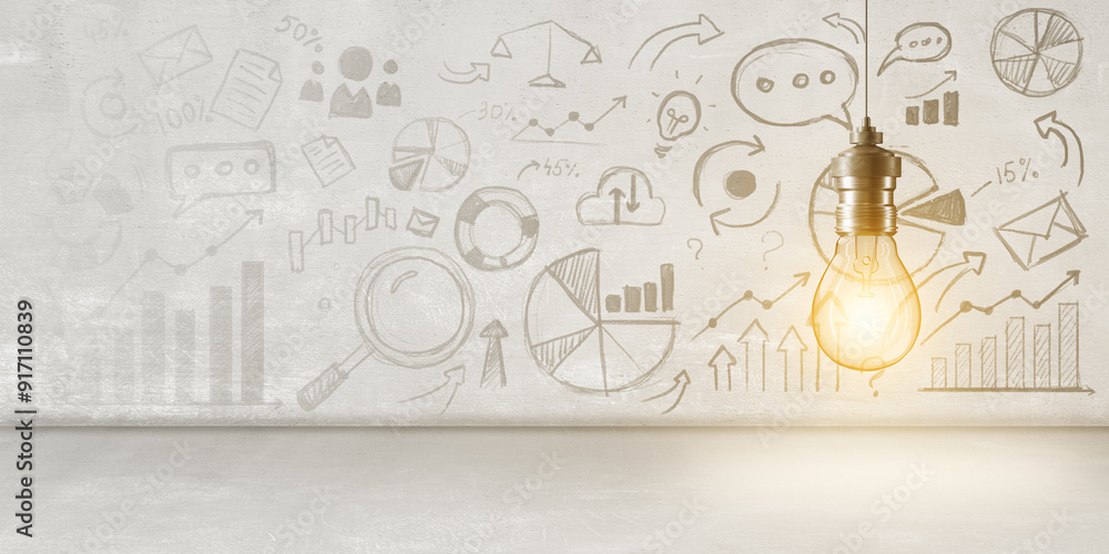 Poster Bright lightbulb with business strategy sketches on a concrete wall. 3D Rendering