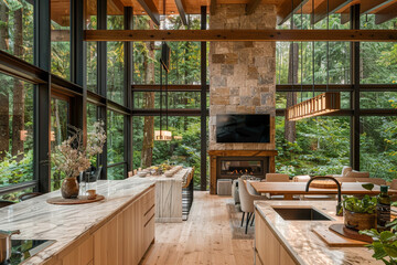 Fototapeta premium A modern kitchen with light wood cabinetry, marble countertops and large windows overlooking the forested backyard. 