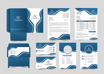 Office Stationery Template Set of Business Card, Id Card, Letterhead, Invoice, Envelope, File Folder. Corporate Identity Print Template Set.
