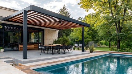 realistic photo modern design bioclimatic pergola with aluminum slats which stands near a modern house with swimming pool , with dining area , rich in vegetation