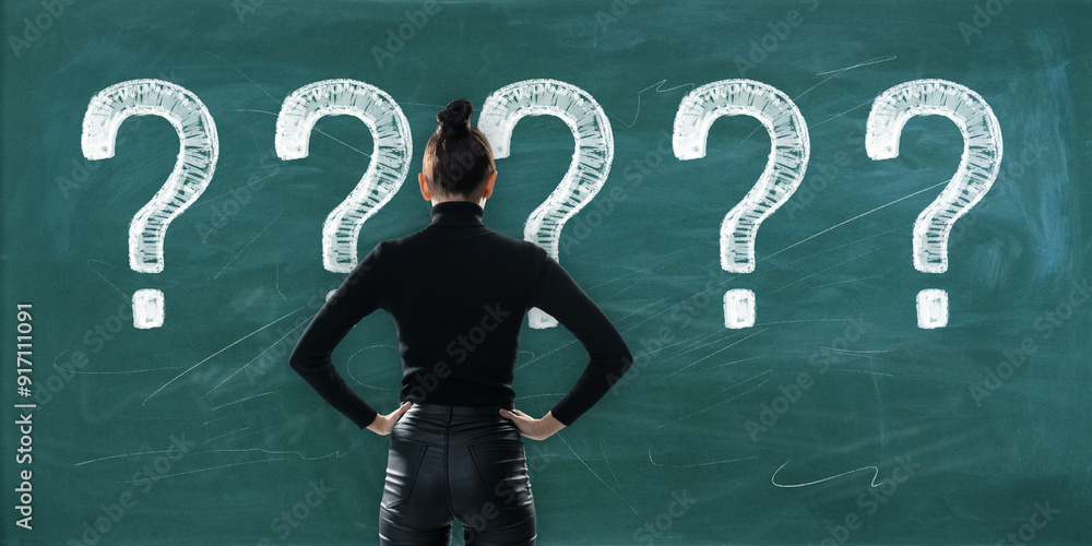 Poster woman standing in front of a chalkboard with drawn question marks.