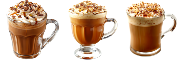 Set of 3 Irish Coffee on a Transparent Background, drink, beverage, coffee, hot, ice, cocktail, alcoholic, smoothie, party, bar, juice, pub, png file, cut off bg, 300 dpi