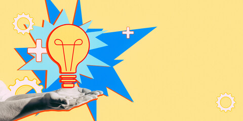 Creative lightbulb concept in a hand on bright background with pop art elements.