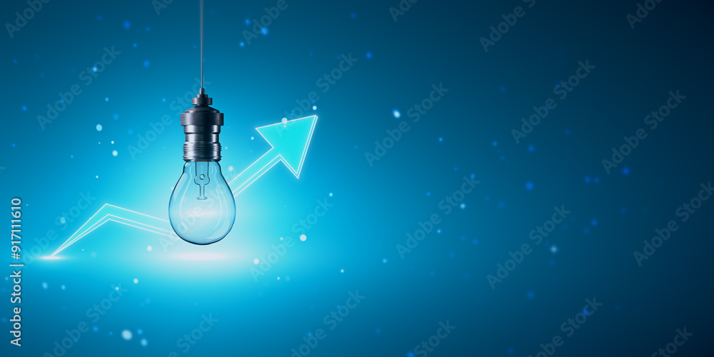 Aufkleber lightbulb with upward arrow sign on blue glowing background. 3d rendering