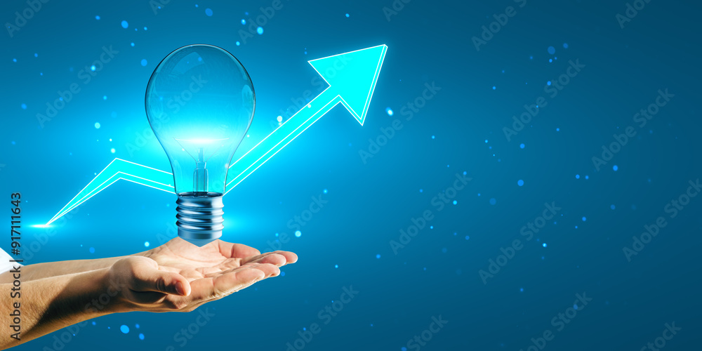 Poster lightbulb in hand with upward arrow on blue background, symbolizing growth and innovation.