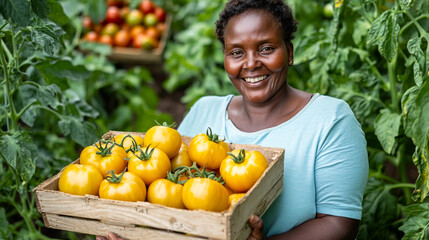 Obraz premium Happy middle age African woman holding crate with ripe organic yellow tomatoes in a greenhouse. Eco farming, small business, agribusiness concept.