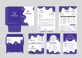 Office Stationery Template Set of Business Card, Id Card, Letterhead, Invoice, Envelope, File Folder. Corporate Identity Print Template Set.