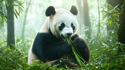 Obraz premium A serene panda peacefully munching on bamboo in a lush green forest, embodying tranquility and nature's beauty.