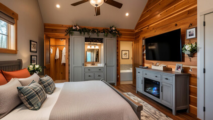 Fototapeta premium Light gray color main bedroom model, Cabin Style