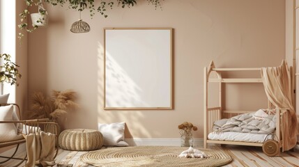 Mock up frame in children room with natural wooden furniture